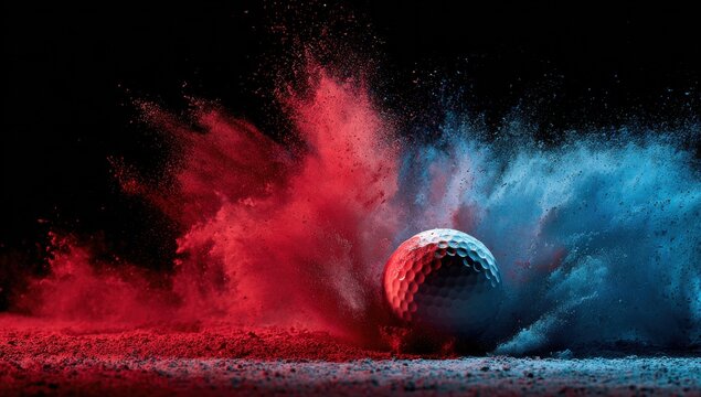 Explosive Golf Ball: A golf ball is suspended amidst a dramatic cloud of vivid red and blue colored powder, creating an explosive visual spectacle.