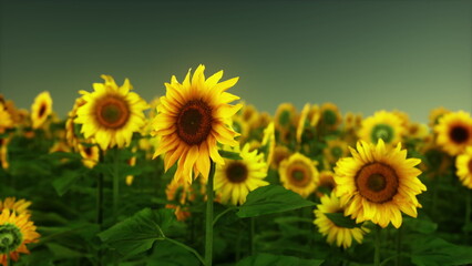 Golden sunflowers stretch toward the sky in a vast field, showcasing their bright petals and dark centers. The sun casts a warm glow, creating a serene atmosphere during sunset.