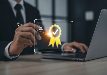 Business professional verifies quality assurance with a digital badge and laptop on a desk