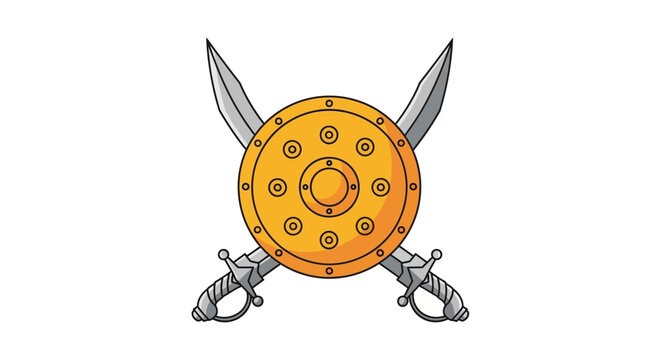 Illustration of a traditional Maratha warrior shield and crossed swords, symbolizing Indian historical heroism and Maratha empire theme with a saffron color scheme.