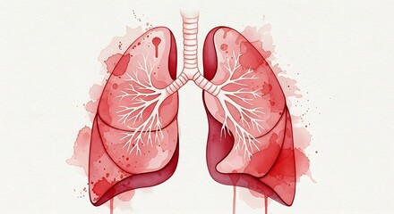 Human lungs with trachea and bronchi illustrated in red