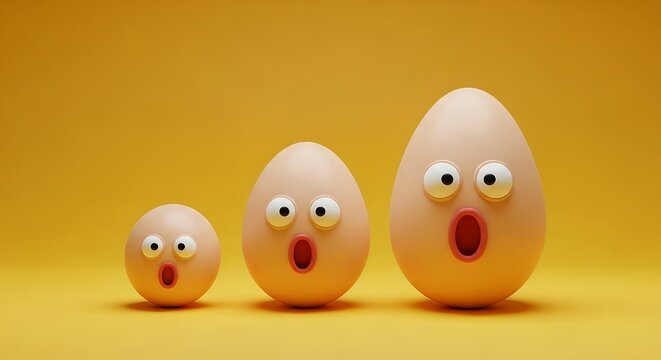 Three eggs with surprised expressions on a yellow background.