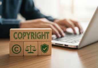 Wooden blocks displaying copyright symbol and related icons next to a person using a laptop