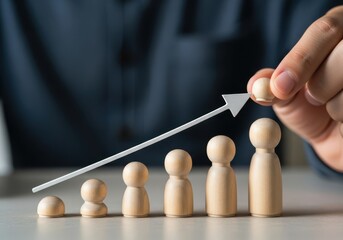 Wooden figures representing growth and progress are lined up with an arrow indicating upward trend