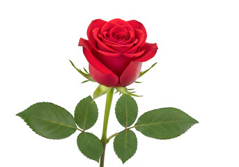 A single red rose with green leaves on a white background isolated on transparent background, png