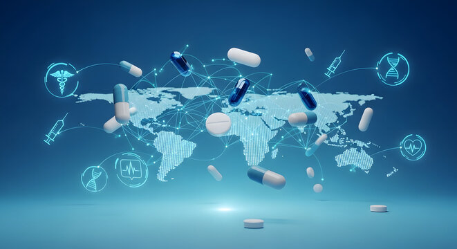 3D pharmaceutical pills over glowing world map with medical icons