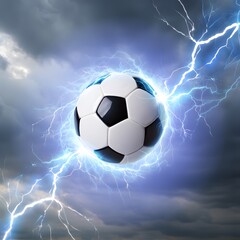 Fototapeta premium Dynamic soccer ball surrounded by powerful lightning bolts in a dramatic stormy sky