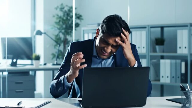Frustrated young businessman reacts angrily to a laptop error, symbolizing workplace stress and technical failure for corporate use.