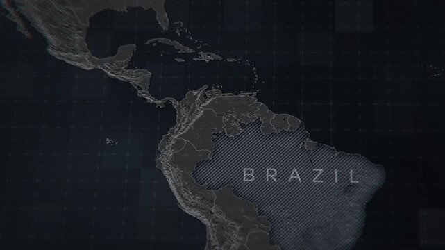 Animated 3D map of Brazil, showing highlighted regions and detailed countries. Motion graphic for cartography, geography, and travel content.