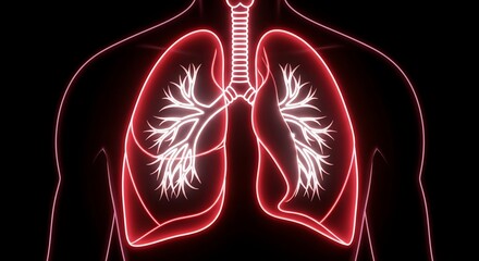 Glowing red lungs with trachea and bronchi on black background