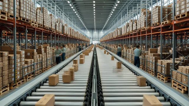 Timelapse of efficient warehouse operations featuring automated conveyor belt workers and fast moving supply chain system