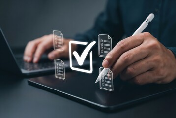 Quality assurance manager using a laptop to review digital certification standards, validating a five-star service rating and compliance checklists, insights for maintaining operational excellence and