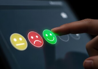Customer selects a happy face emoji on a digital screen to rate their experience