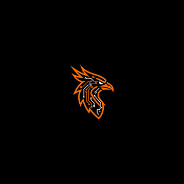 Abstract eagle head logo with circuit board details in orange and black color scheme