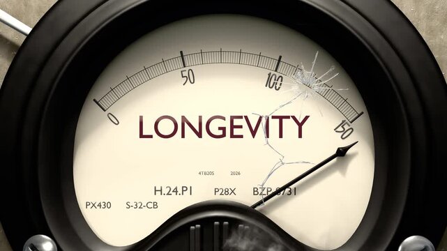 Longevity meter showing big levels of longevity. Dangerously increasing high values of longevity, critical overload. Too much, off the charts. Max longevity