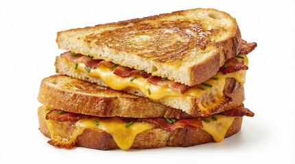 Grilled Cheese Sandwich with Bacon and Melted Cheese Isolated on White Background