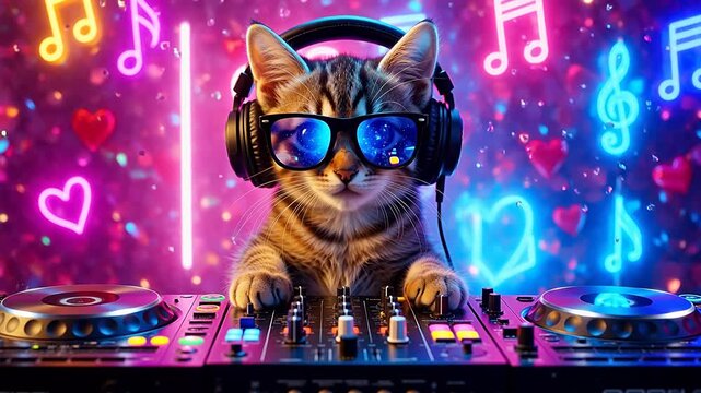Cat DJ with Headphones and Glasses