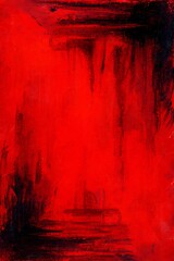 Vibrant red abstract painting with dark mysterious shadows