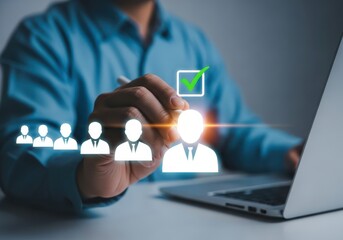 Human resources professional selecting a candidate from a digital list for a job opportunity