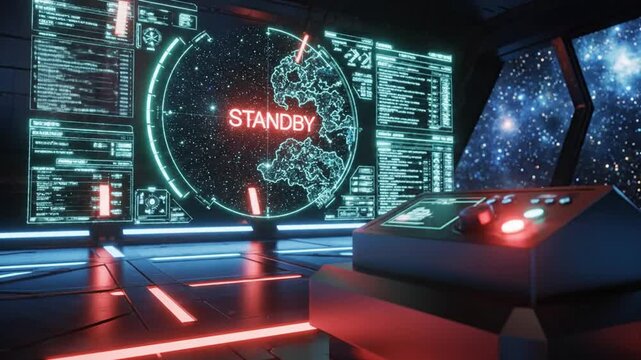 A futuristic control room with a large screen displaying a world map and the word 'STANDBY' in red, surrounded by neon lights and computer interfaces, with a starry night sky visible