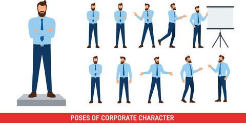 Cartoon corporate character with beard, professional businessman poses in blue shirt and tie, office gestures, presentation board, confident body language illustration © Azizul360
