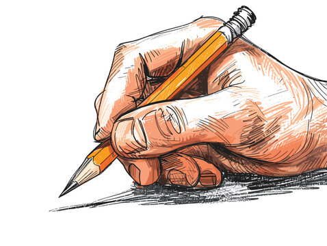 isolate white background, Drawing/Sketching - Holding a pencil or pen and sketching on a notepad or sketchpad., drawings in colure pencil easy, very simple and isolate in the style of animated 