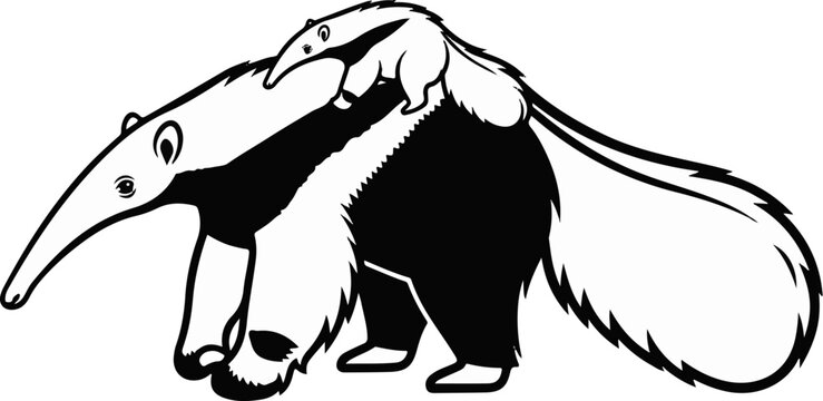 A mama anteater carries her baby on her back in a black and white drawing