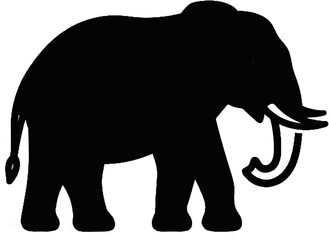 Fototapeta premium A solid black silhouette of an elephant with tusks and a curled trunk, isolated on white