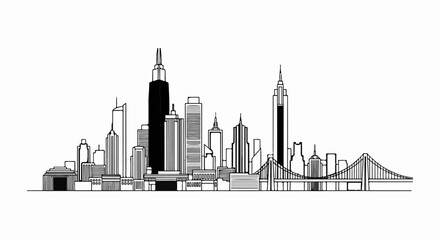 Fototapeta premium A stark, monochromatic line drawing depicts a dynamic city skyline with a prominent suspension bridge