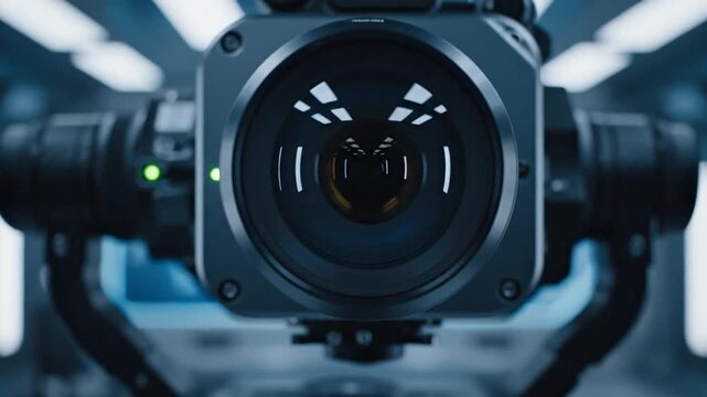 Close-up of a camera lens with a sleek, modern design and soft, blue lighting in the background.