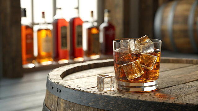 Whiskey glass with ice on wooden barrel in rustic distillery with warm lighting and amber tones