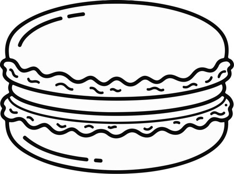 A simple, black and white line drawing of a single macaron cookie
