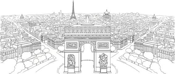 A panoramic sketch of a grand archway against a city skyline