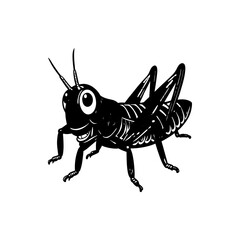 Black and white cartoon illustration of a happy grasshopper with big eyes.