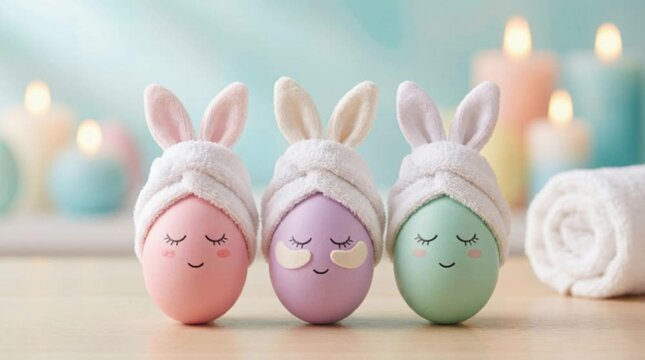 Three pastel eggs with towel turbans and bunny ears display sleepy painted faces on a table, accompanied by a rolled white towel