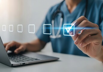 Healthcare professional uses digital interface to check off a task on a glowing holographic checklist