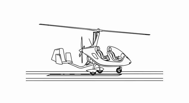 A line drawing depicts a two-seater autogyro on a runway