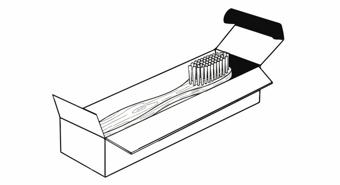 A line drawing of a bamboo toothbrush in an open box