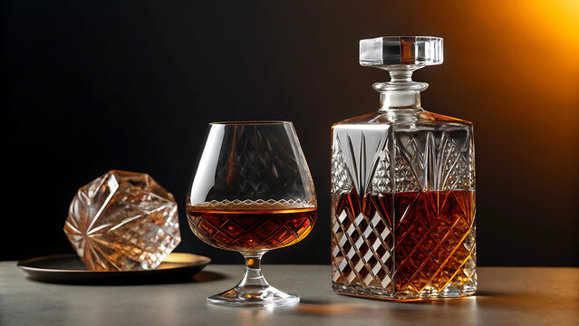 Elegant whiskey decanter and glass with golden foil-wrapped chocolate on dark wooden table in warm lighting