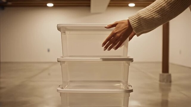 Hands Stacking Clear Plastic Storage Containers in Empty Room with Wood Accents