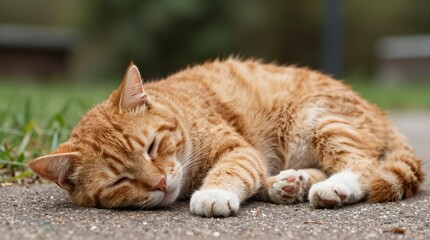 A serene orange tabby cat sleeping peacefully on a concrete path in a green outdoor setting.