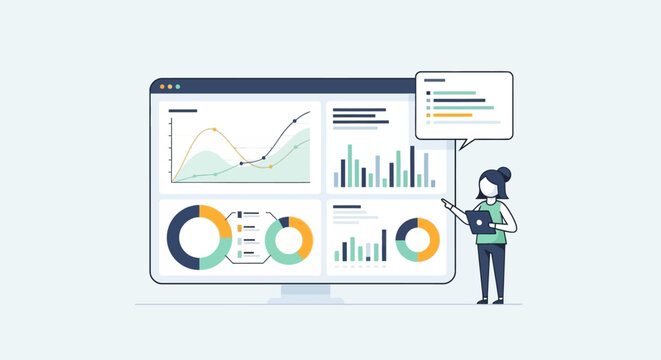 Woman analyzing data on computer screen with various charts and graphs displayed