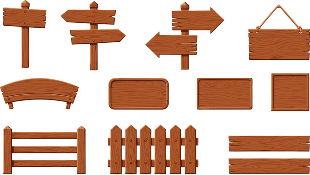 Rustic Wooden Signboard and Fence Vector Set with Blank Planks, Hanging Signs, and Directional Arrows for Game UI, Farmhouse Decor, and Garden Landscape Design