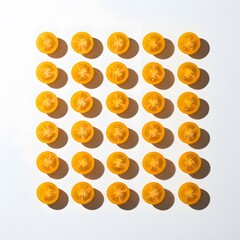 Fototapeta premium Fresh Yellow Cherry Tomato Halves Arranged in a Pattern on White Background with Shadows
