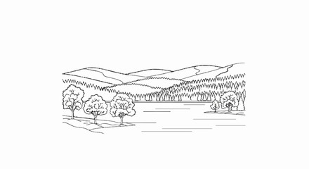 Fototapeta premium A scenic line drawing depicts rolling hills and a dense forest bordering a tranquil lake