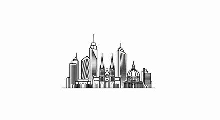 Obraz premium A minimalist line drawing of a city skyline with diverse buildings and a dome