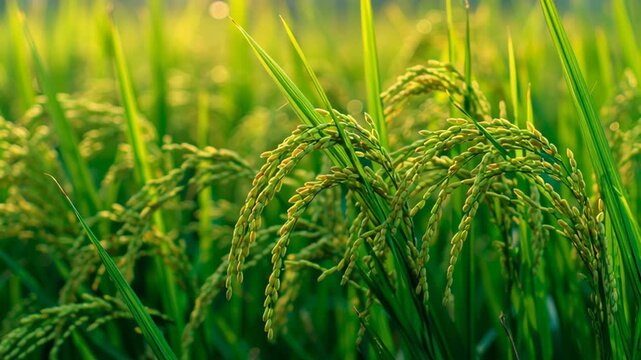 Rice plantation. Rice seedlings growing on the water paddy field. Organic Green Rice plants, seed. Farm, growth and agriculture concept. Cultivation of cereals. Paddy-sown ricefield. Asian food.