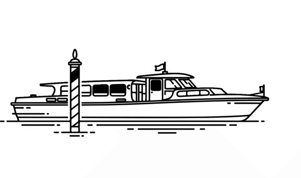 A linear drawing of a sleek boat docked by a striped pole in the water
