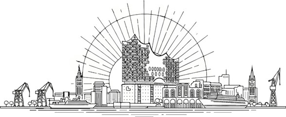 Fototapeta premium A monochrome architectural sketch of a city skyline with industrial elements