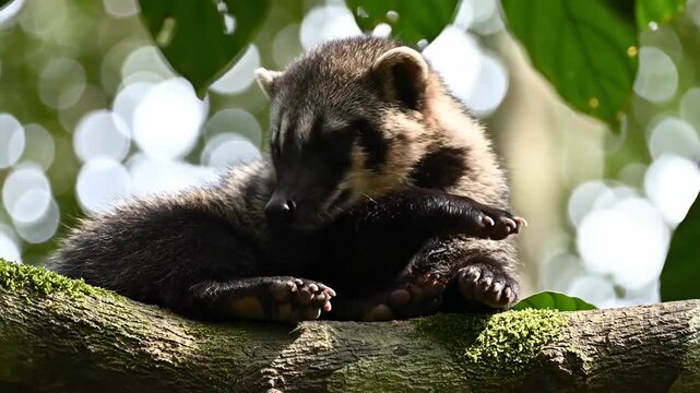 Coati Slumber - A Peaceful Rest on a Mossy Branch in the Jungle.